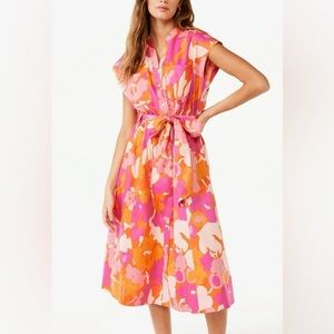 Free Assembly Floral Women’s Belted Midi Shirt Dress with Short Sleeves XS NWT